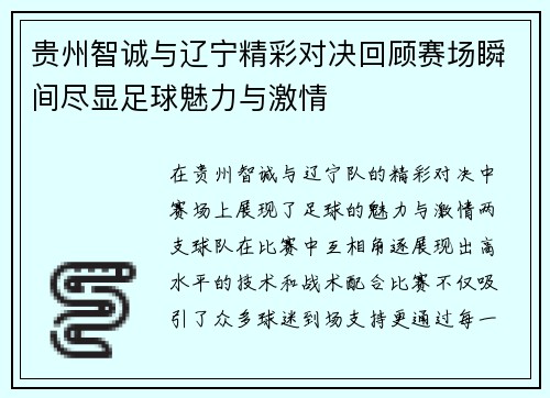 贵州智诚与辽宁精彩对决回顾赛场瞬间尽显足球魅力与激情